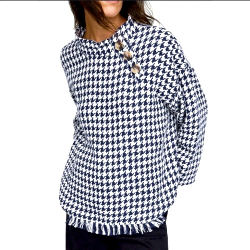 Zara Navy and Cream Houndstooth Button Neck Sweater Mock Neck Fringe Hem Top S